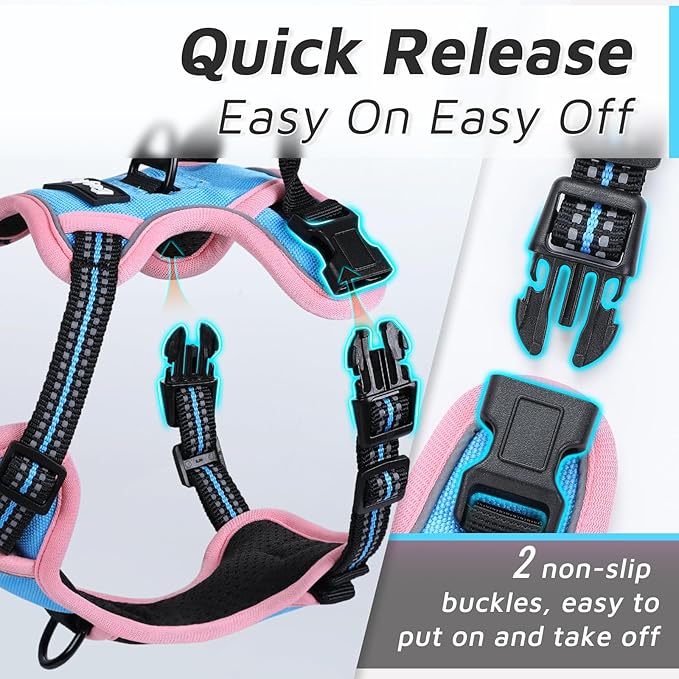 Eagloo Small Dog Harness No Pull, Service Vest with Reflective Strips and Control Handle, Adjustable and Comfortable for Walking, No Choke Pet Harness with 2 Metal Rings, Pink &amp; Blue, XS