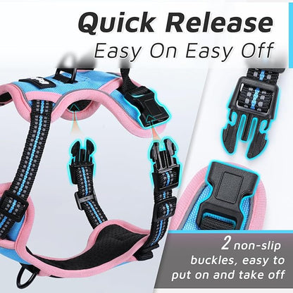 Eagloo Small Dog Harness No Pull, Service Vest with Reflective Strips and Control Handle, Adjustable and Comfortable for Walking, No Choke Pet Harness with 2 Metal Rings, Pink &amp; Blue, XS