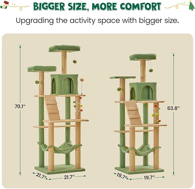 MWPO 70.1-Inch Green Large Cat Tree, Multi-Level Tall Cat Tower for Indoor Cats, Plush Cat Condo with Big Padded Perches, Sisal-Covered Scratching Posts, Hammock, Toys for Kittens &amp; Cats