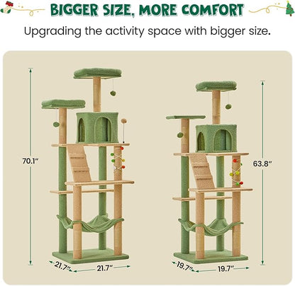 MWPO 70.1-Inch Green Large Cat Tree, Multi-Level Tall Cat Tower for Indoor Cats, Plush Cat Condo with Big Padded Perches, Sisal-Covered Scratching Posts, Hammock, Toys for Kittens &amp; Cats