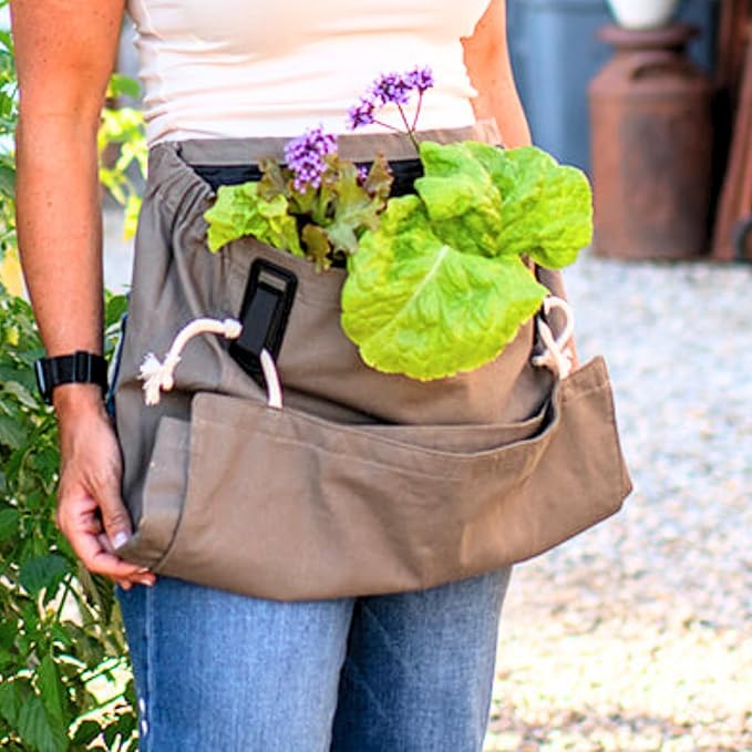 Roo Gardening Apron with Pockets &amp; Harvesting, Picking Pouch - Adjustable, Water-resistant, Washable Canvas Cotton