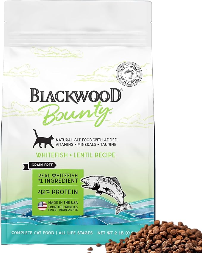 Blackwood Bounty Dry Cat Food, Whitefish &amp; Lentil Recipe for All Life Stages, 2 Pound Bag, High Protein, Grain Free