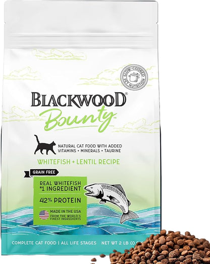 Blackwood Bounty Dry Cat Food, Whitefish &amp; Lentil Recipe for All Life Stages, 2 Pound Bag, High Protein, Grain Free