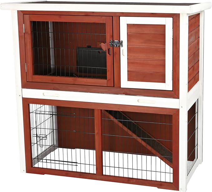 TRIXIE natura Outdoor Rabbit Hutch with Run - 2-Story Rabbit Cage with Non-Slip Ramp - Medium Elevated Small Animal House with Secure Playpen, Hinged Roof &amp; Pull-Out Tray - in Auburn/White