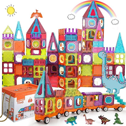 Magnetic Tiles Building Blocks with 4 Cars Magnet Train Set for Kids Construction STEM Toy Preschool Educational Creativity Learning Brithday Gift for Girls Boys Toddlers 3 4 5 6 7 8