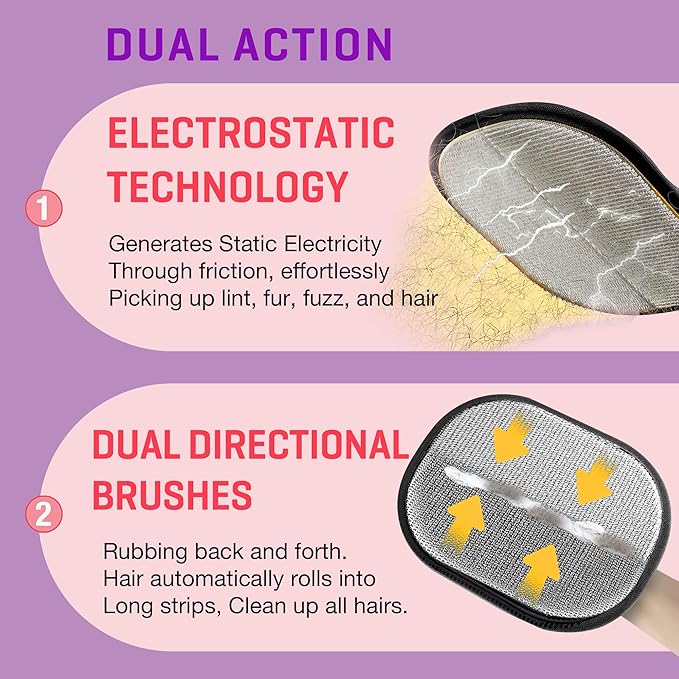 Pet Hair Remover Gloves for Cats &amp; Dogs, Electrostatic Pet Hair Removal Gloves Brush for Pets Hair, Upgraded Animal Fur Removal Tool, Reusable Cats &amp; Dogs Grooming Gloves for Hair Removal (2)