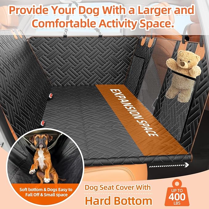 Dog Car Seat Cover for Back Seat,100% Waterproof &amp; Scratchproof Back Seat Pet Cover for Dogs,5MM PP Board Hard Bottom Dog Bed for Car,Supports 400lbs Back Seat Extender for Dogs for Car/SUV