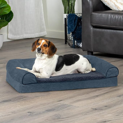 Furhaven Orthopedic Dog Bed for Medium/Small Dogs w/ Removable Bolsters &amp; Washable Cover, For Dogs Up to 35 lbs - Sherpa &amp; Chenille Sofa - Orion Blue, Medium