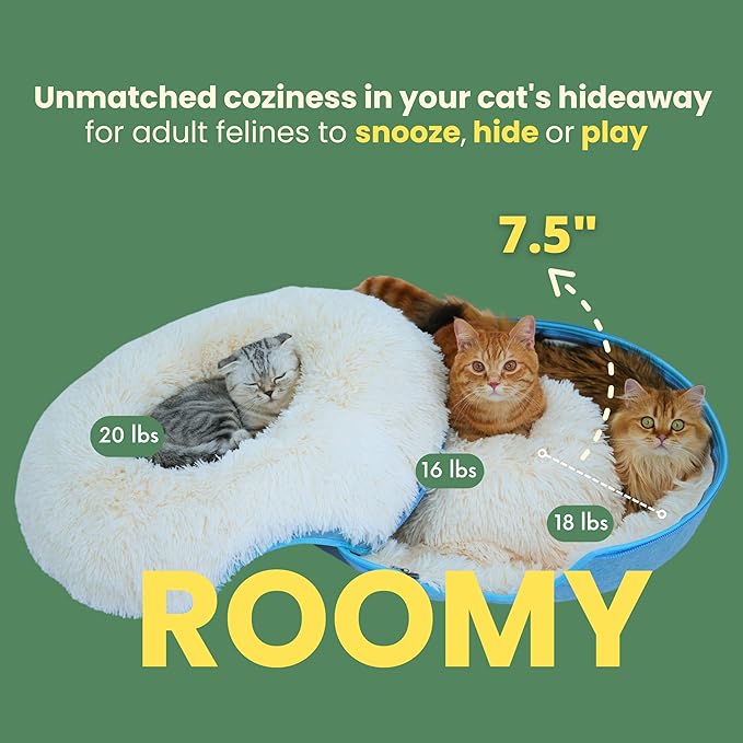 CATTASAURUS Peekaboo Cat Cave for Multiple &amp; Large Cats Up to 30-45 Lbs, Fluffy Cat Beds for Indoor Cats, Scratch Detachable &amp; Washable Tunnel Bed, Comfy Donut Cat Cave (Blue, Large (Calming))