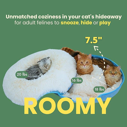 CATTASAURUS Peekaboo Cat Cave for Multiple &amp; Large Cats Up to 30-45 Lbs, Fluffy Cat Beds for Indoor Cats, Scratch Detachable &amp; Washable Tunnel Bed, Comfy Donut Cat Cave (Blue, Large (Calming))