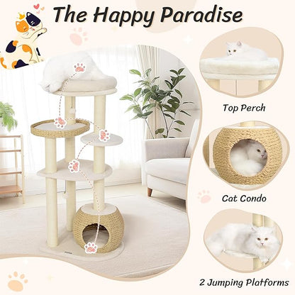 KAMABOKO Modern Cat Tree, 53" Cat Tower for Indoor Cats Natural Sisal Scratching Posts, Hand-Woven Condo &amp; Top Perch, Cat Tree Tower for Kittens Climb Play &amp; Rest