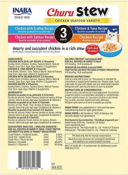 INABA Churu Stew for Cats, Side Dish Pouch with Vitamin E, 1.4 Ounces per Pouch, 12 Pouches, Chicken &amp; Seafood Variety
