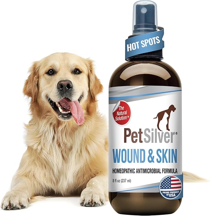 PetSilver Wound &amp; Skin Spray - Dog Wound Spray, Hot Spot, Allergy Relief for Dogs, Itch Spray for Cats - Natural Skin Soother - Chelated Silver, Superior to Colloidal Silver - Made in USA - 8 fl oz