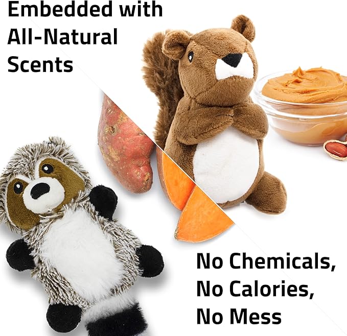 Playology Dog Toys | Plush Toy Raccoon &amp; Squirrel (Value 2-Pack) Stuffed Animal for Dogs | Small Peanut Butter/Sweet Potato Scented Toys - Easy to Clean and Made from Non Toxic Materials