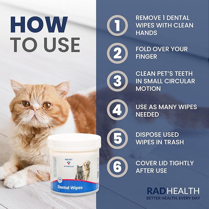 Rad Health Dog Dental Wipes - 100ct Pet Dental Finger Wipes, Easy No-Brush Teeth Cleaning, Removes Plaque &amp; Tartar, Boosts Oral Hygiene, Freshens Breath, Gentle on Mouth, Strong on Build-Up