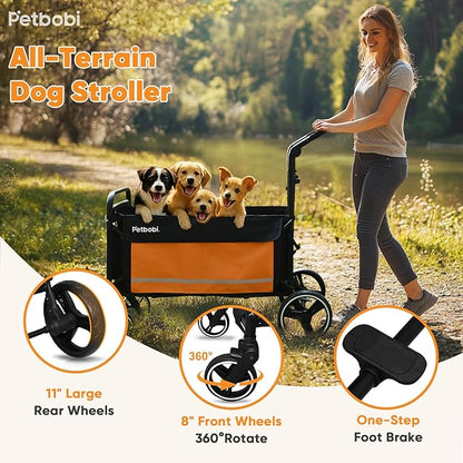 Petbobi Dog Wagon Stroller for Large &amp; Medium Dogs - 2-in-1 Push-Pull Pet Stroller with Ramp, Foldable All Terrain Wagon Cart, One-Step Brake, Suitable for Outdoor Walks &amp; Camping, Orange