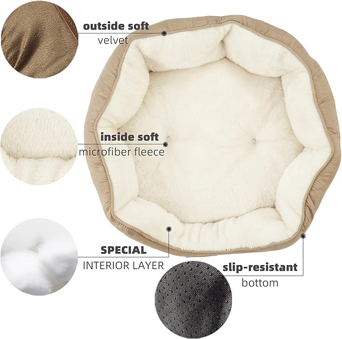 Asvin Small Dog Bed for Small Dogs, Cat Beds for Indoor Cats, Pet Bed for Puppy and Kitty, Extra Soft &amp; Machine Washable with Anti-Slip &amp; Water-Resistant Oxford Bottom, Light Brown, 20 inches