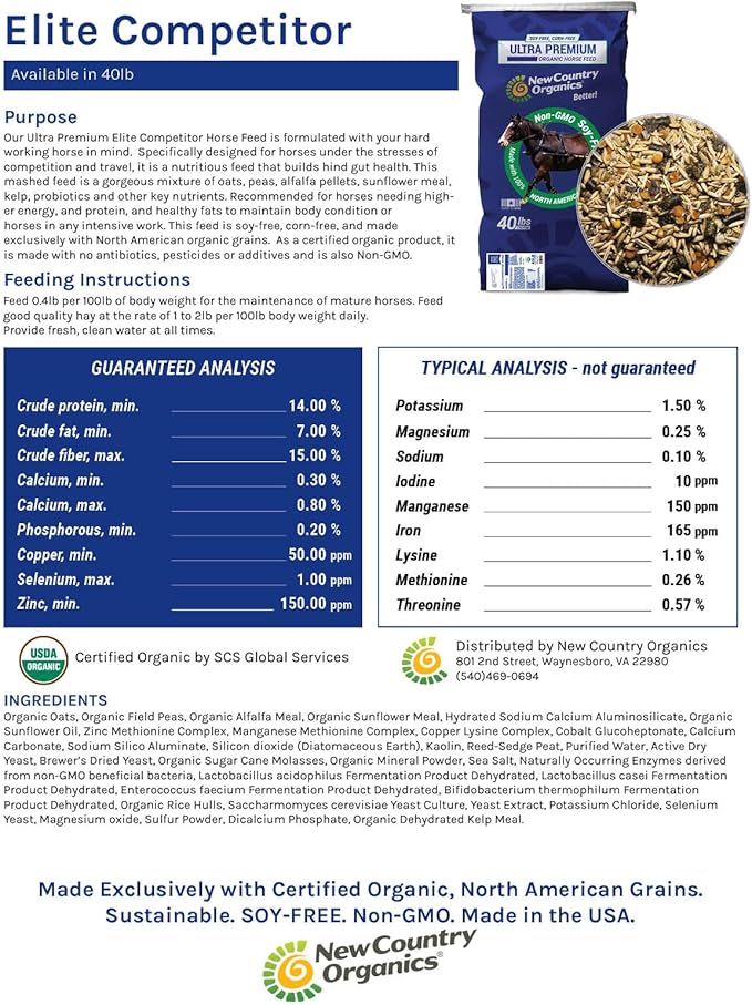 New Country Organics | Elite Horse Feed for Horses Under The Stresses of Competition and Travel | Corn-Free and Soy-Free | 14% Protein | Certified Organic and Non-GMO | Grain &amp; Oats Feeder 40 lbs