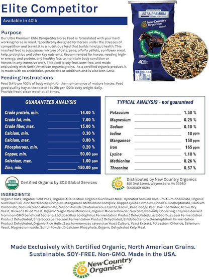 New Country Organics | Elite Horse Feed for Horses Under The Stresses of Competition and Travel | Corn-Free and Soy-Free | 14% Protein | Certified Organic and Non-GMO | Grain &amp; Oats Feeder 40 lbs
