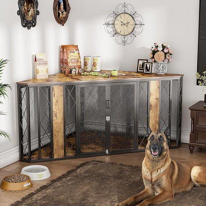 XL Corner Dog Crate Furniture, Decorative Dog Crates Dog Cage TV Stand with Diamond Metal Decoration, Wooden Dog Crate with Double Lock Design, Dog Crates Table, Retro Brown