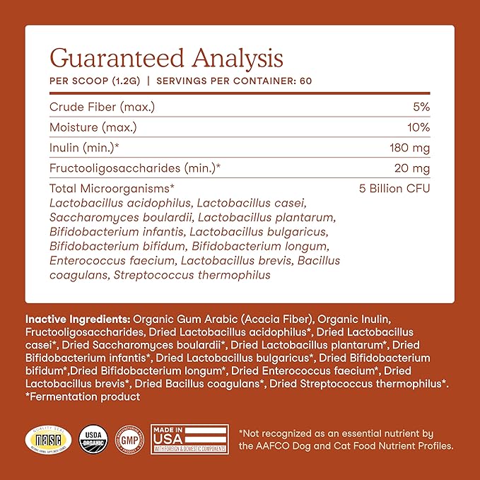 Fera Pets Probiotics for Dogs &amp; Cats with Prebiotics - USDA Organic - Gut Health Powder Supplement with 12 Strains and 5 Billion CFUs - Supports Immunity, Energy and Skin &amp; Coat - 60 Scoops