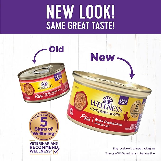 Wellness Complete Health Pate Adult Wet Cat Food, Natural, Protein-Rich, Grain Free, 3 Ounce, 24 Pack, (Beef &amp; Chicken)