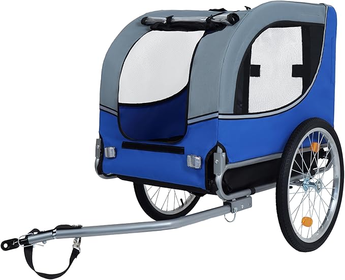 Blue-Grey Large Folding Bike Trailer for Dogs – Heavy-Duty Steel Frame, 66LB Capacity Pet Carrier for All-Terrain Cycling, Jogging &amp; Camping Adventures!