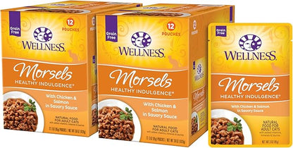 Wellness Healthly Indulgence Morsels Adult Wet Cat Food, Natural, Protein-Rich, Grain Free, 3 Ounce Pouch, 24 Pack, (Chicken &amp; Salmon)