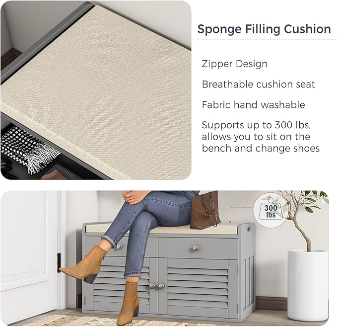 Shoe Storage Bench with 2 Drawers &amp; 2 Doors, Entryway Bench with Cushion, 2 Adjustable Shelves, Shoe Cabinet for Entryway, Living Room, Hallway, Mudroom, Bedroom, Grey