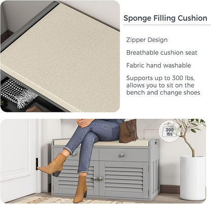 Shoe Storage Bench with 2 Drawers &amp; 2 Doors, Entryway Bench with Cushion, 2 Adjustable Shelves, Shoe Cabinet for Entryway, Living Room, Hallway, Mudroom, Bedroom, Grey