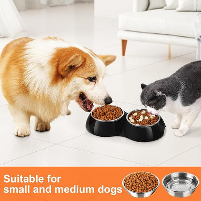 Stainless Steel Dog Bowls Set – Dual Non-Slip Pet Dishes with 2 Small (1 Cup*2) Bowls &amp; Durable Resin Stand – Food &amp; Water Feeder for Puppies, Cats, and Medium Dogs – Black
