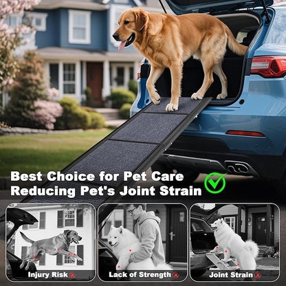 AQUILLA Dog Ramp for Car, 63" Folding Portable Dog Ramp with Non-Slip Rug Surface, Extra Wide Pet Ramps for Cat &amp; Dogs Get on Bed, Cars, Stairs,Pick Up Trucks, Up to 250LBS (63" L x 17.3" W)