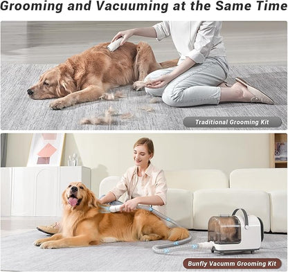 Bunfly Dog Grooming Kit,13000Pa Strong Grooming &amp; Vacuum Suction 99.99% Pet Hair, 16 Pet Grooming Tools for Dogs Cats, 3L Large Capacity Dust Cup, Quiet Pet Vacuum Groomer (Silver &amp; White)
