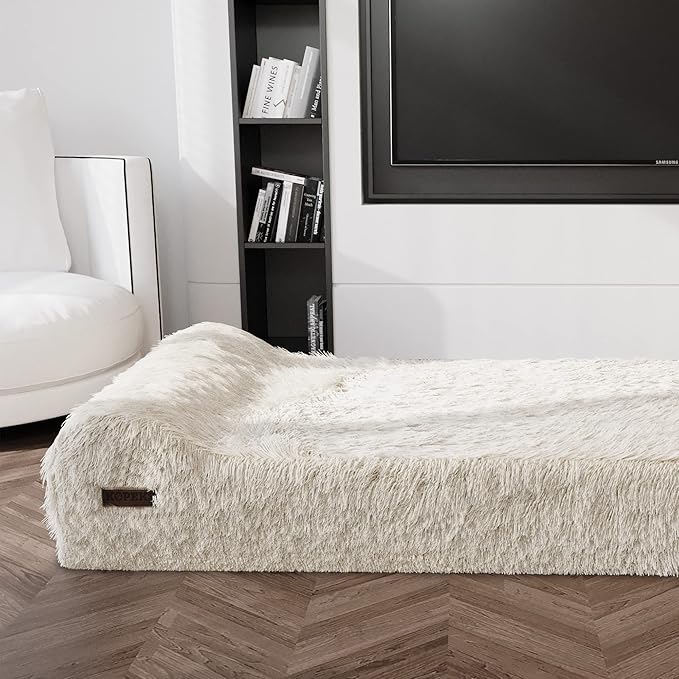 KOPEKS Orthopedic Memory Foam Dog Bed 7" Inch Thick Extra Large Dog Bed with Pillow Fluffy Brown 50"x34"x10" Includes Waterproof Liner &amp; Durable Removable Cover with Smart Design