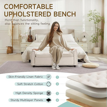 Ottoman with Storage, Tufted Storage Bench for Bedroom, 48" Fabrics End of Bed Bench, Upholstered Entryway Shoe Benches with Rolled Arm &amp; Inner Zipper, Window Ottomans Chest with Rivets, Beige