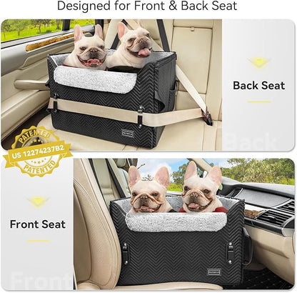 PETSFIT Dog Car Seat Medium Sized Dog, Waterproof PU Leather Dog Seat for Car with Patented Safe Buckles, 2 Clip-On Safety Leashes, Suitable for 2 Small Dogs (Medium, Black)