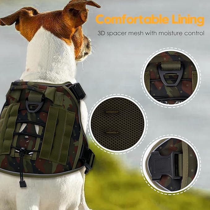Heavy-Duty Tactical Dog Harness for Large Dogs, No Pull Adjustable Reflective Pet Vest with Molle System, K9 Military-Grade Control for Service Training, Outdoor &amp; 10+ Breeds, Green Camo, Large