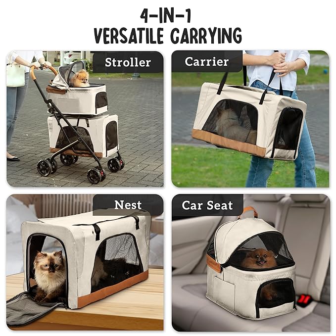 Double Pet Stroller with Detachable Carriers - Ideal for 2 Dogs or Cats - Compact &amp; Convenient Design - Easy Assembly Double Dog Stroller - Cosmic Beige