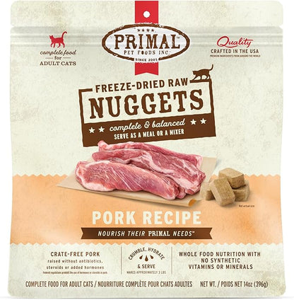 Primal Freeze Dried Raw Cat Food Nuggets Pork, Complete &amp; Balanced Meal or Topper, Premium, Healthy, Grain Free, High Protein Raw Cat Food with Probiotics (14 oz)