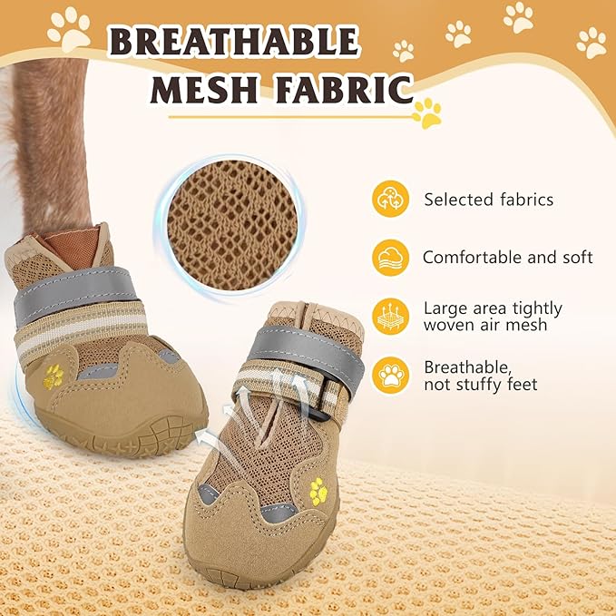 Dog Shoes, FISHOAKY Dog Shoes for Large Dogs, Mesh Breathable Dog Boots &amp; Paw Protectors for Summer Hot Pavement Winter Snowy, 360°Anti Slip 4Pcs Dog Booties with Reflective Khaki (Size 4)