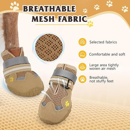 Dog Shoes, FISHOAKY Dog Shoes for Large Dogs, Mesh Breathable Dog Boots &amp; Paw Protectors for Summer Hot Pavement Winter Snowy, 360°Anti Slip 4Pcs Dog Booties with Reflective Khaki (Size 4)