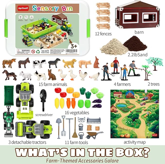 69 PCS Farm Sensory Bin Toys Playset, Sandboxes with Sand, Farmer Tractor &amp; Farm Animals Figures Toys for Kids 3 4 5, Gifts for 6 7 Years Old Boys Girls Toddlers