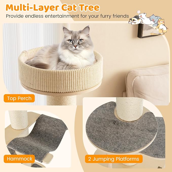 Tangkula Wood Cat Tree, 47 Inch Multi-Layer Cat Tower with 5.7” Thicker Sisal Covered Scratching Posts &amp; Carpet, Padded Top Perch, 2 Jumping Platforms, Hammock, Modern Cat Tree Tower for Indoor Cats