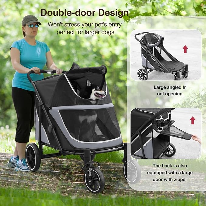 Dog Stroller for Medium/Large Dogs One-Click Folding, Extra Large Pet Stroller for 2 Dogs with Storage Pocket &amp; Shock Absorption, Up to 130 lbs, Grey