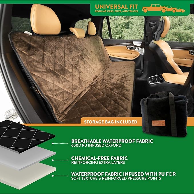 Plush Paws Products Velvet Rear Car Seat Protector w/o Hammock | Washable &amp; Waterproof Back Seat Dog Cover for Car, Truck, &amp; SUV | Nonslip, Tear Resistant Pet Seat Cover | Regular Chocolate