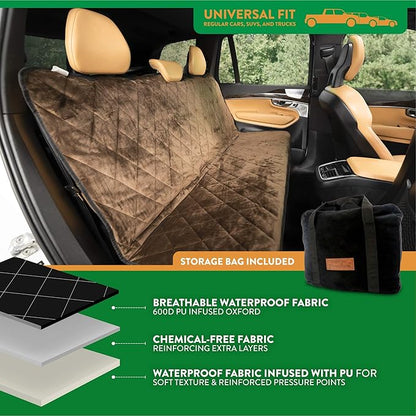 Plush Paws Products Velvet Rear Car Seat Protector w/o Hammock | Washable &amp; Waterproof Back Seat Dog Cover for Car, Truck, &amp; SUV | Nonslip, Tear Resistant Pet Seat Cover | Regular Chocolate