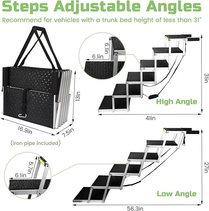 Sturdy 6-Step Aluminum Frame Dog Stair with 1680D PVC Fabric - Non-Slip, Lightweight &amp; Portable - Ideal for Car, SUV, Truck Access - Black (106x80x43cm)