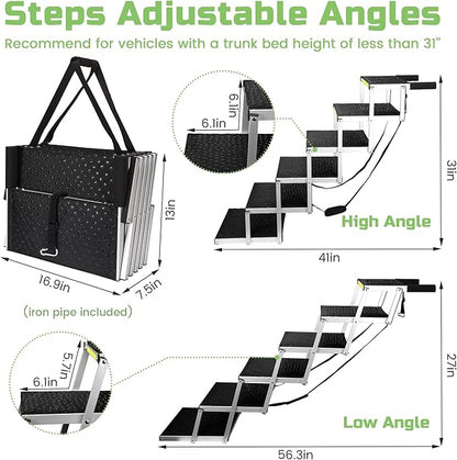 Sturdy 6-Step Aluminum Frame Dog Stair with 1680D PVC Fabric - Non-Slip, Lightweight &amp; Portable - Ideal for Car, SUV, Truck Access - Black (106x80x43cm)