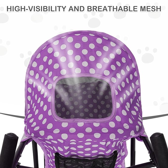 MoNiBloom 4 Wheels Pet Stroller, Easy-Fold Umbrella Shaped Dog Cat Jogger Stroller w/Storage Bag &amp; Visible Mesh for Small/Medium Dogs Cats Purple Polka Dots