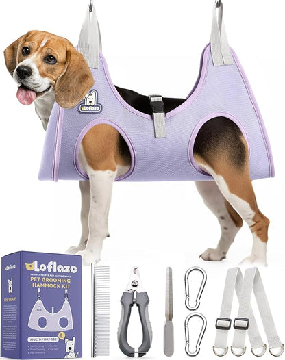 Dog Grooming Hammock Harness for Dogs &amp; Cats with Pet Nail Clipper Trimmer - Cat Hanger Sling for Trimming Clipping Nails- Dog Hammock Restraint Bag for Small Medium Large pet （ Purple L）